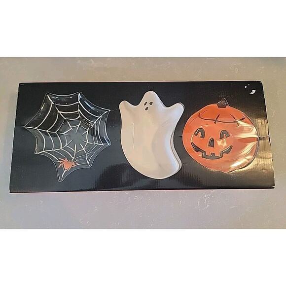 Pottery Barn HALLOWEEN 6" Candy Dish Bowl Set 3Pc Spider Web Ghost Pumpkin NIB - Picture 1 of 5